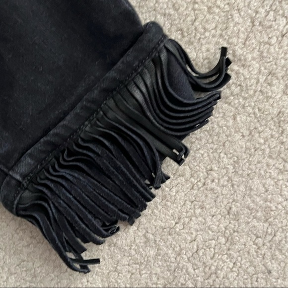PAIGE Verdugo Ankle Skinny in ‘Yuna Black’ Faded Wash with Leather Fringe Hem - Picture 6 of 9